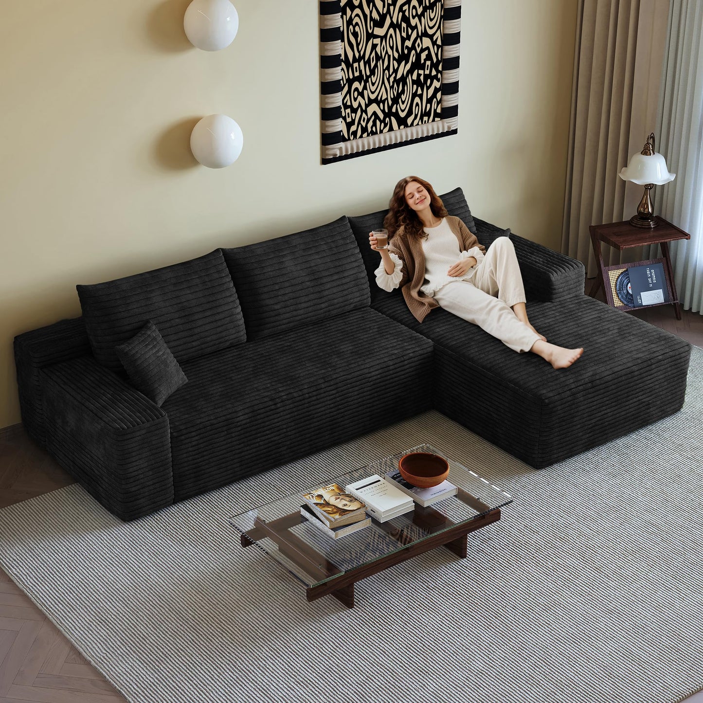 108" Black L-Shaped Modular Sectional Sofa, Boneless Deep Seat Couch with Chaise and 2-Seaters, Modern Upholstered Couch for Living Room, Right-Facing Chaise