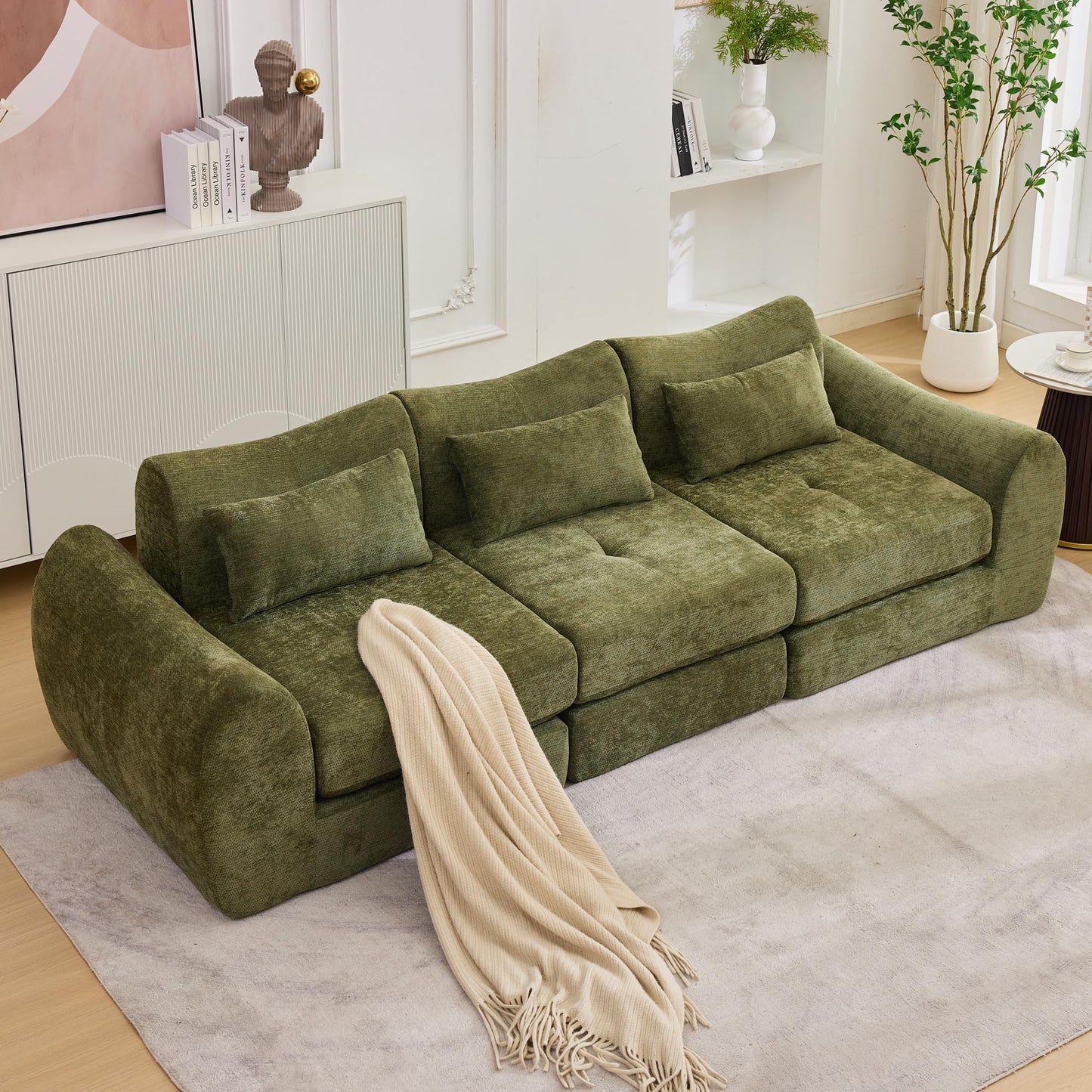 101.6" Green Modular Sectional Cloud Sofa, 4-in-1 Folding Convertible Floor Couch, Boneless Cushion Sofa for Living Room