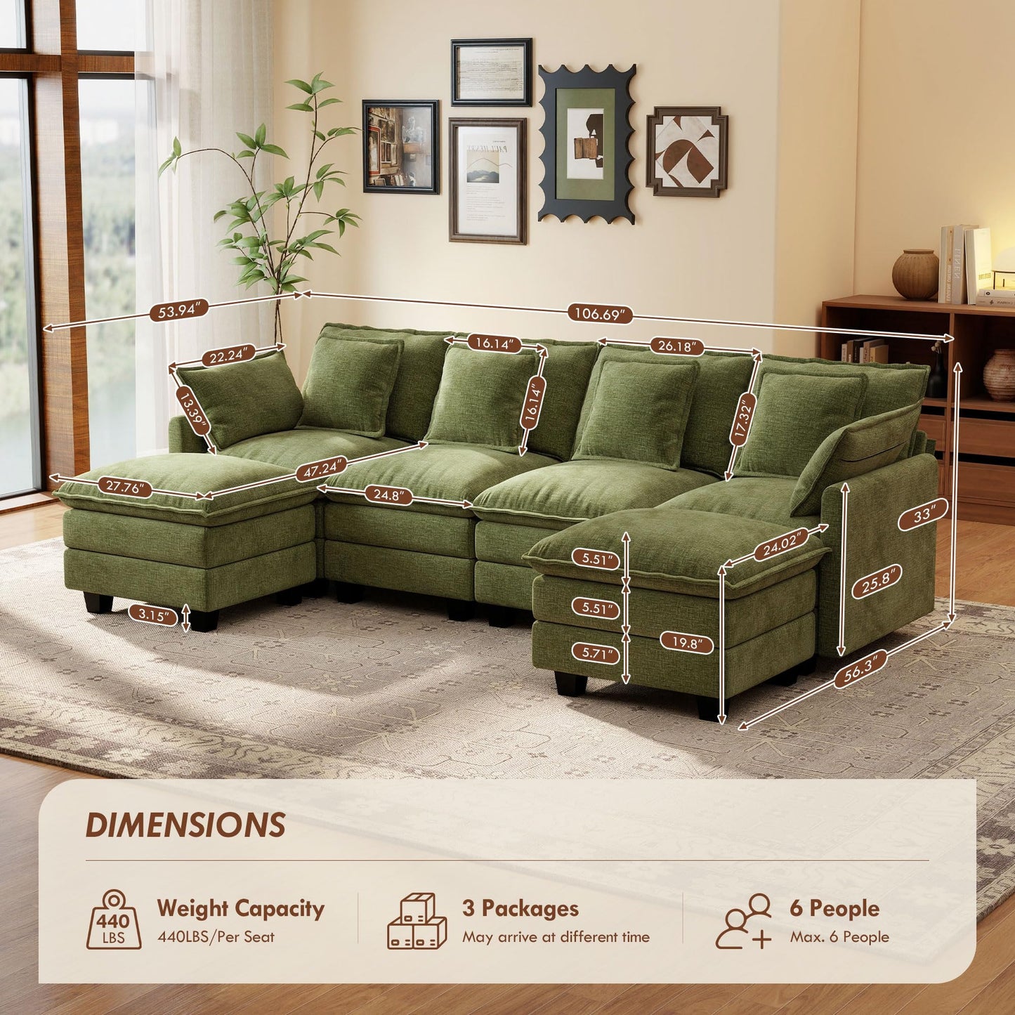 106" Green U-Shaped Modular Sectional Cloud Sofa, 6-Seat Chenille Couch with Ottoman for Living Room, Bedroom, Apartment