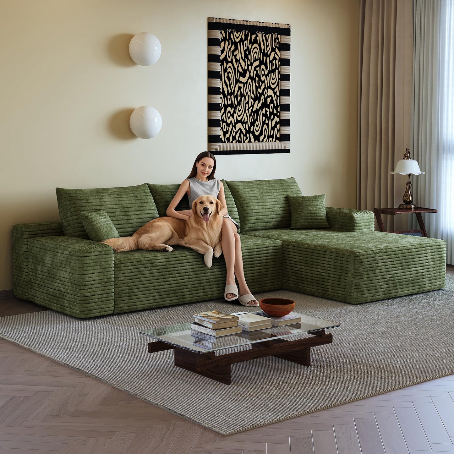 108" Green L-Shaped Modular Sectional Sofa, Boneless Deep Seat Couch with Chaise and 2-Seaters, Modern Upholstered Couch for Living Room, Right-Facing Chaise