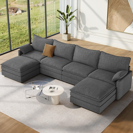 110" L-Shaped Modular Sectional Sofa with Chaise, Deep Seat Sleeper Couch, Plush Corduroy, Dark Gray