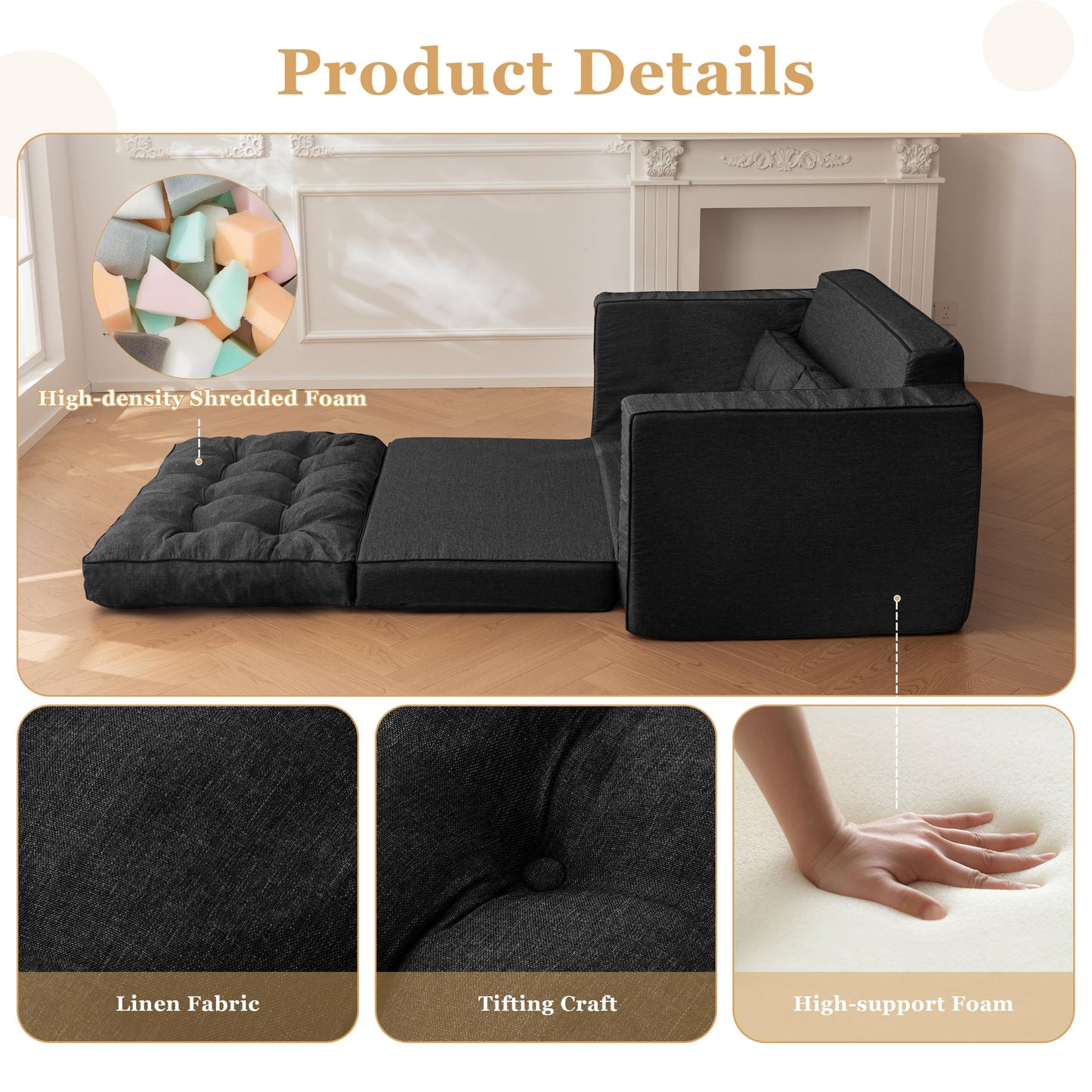 YOSHOOT Loveseat Sleeper Sofa,55" Convertible Sofa Bed Couch Futon Couches for Living Room,3-in-1 Pull Out Floor Couch with Backrest and Pillows, Beige