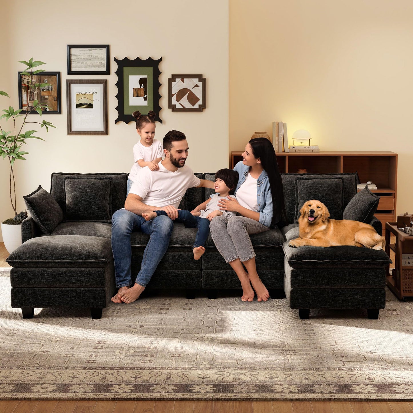 106" Black U-Shaped Modular Sectional Cloud Sofa, 6-Seat Chenille Couch with Ottoman for Living Room, Bedroom, Apartment