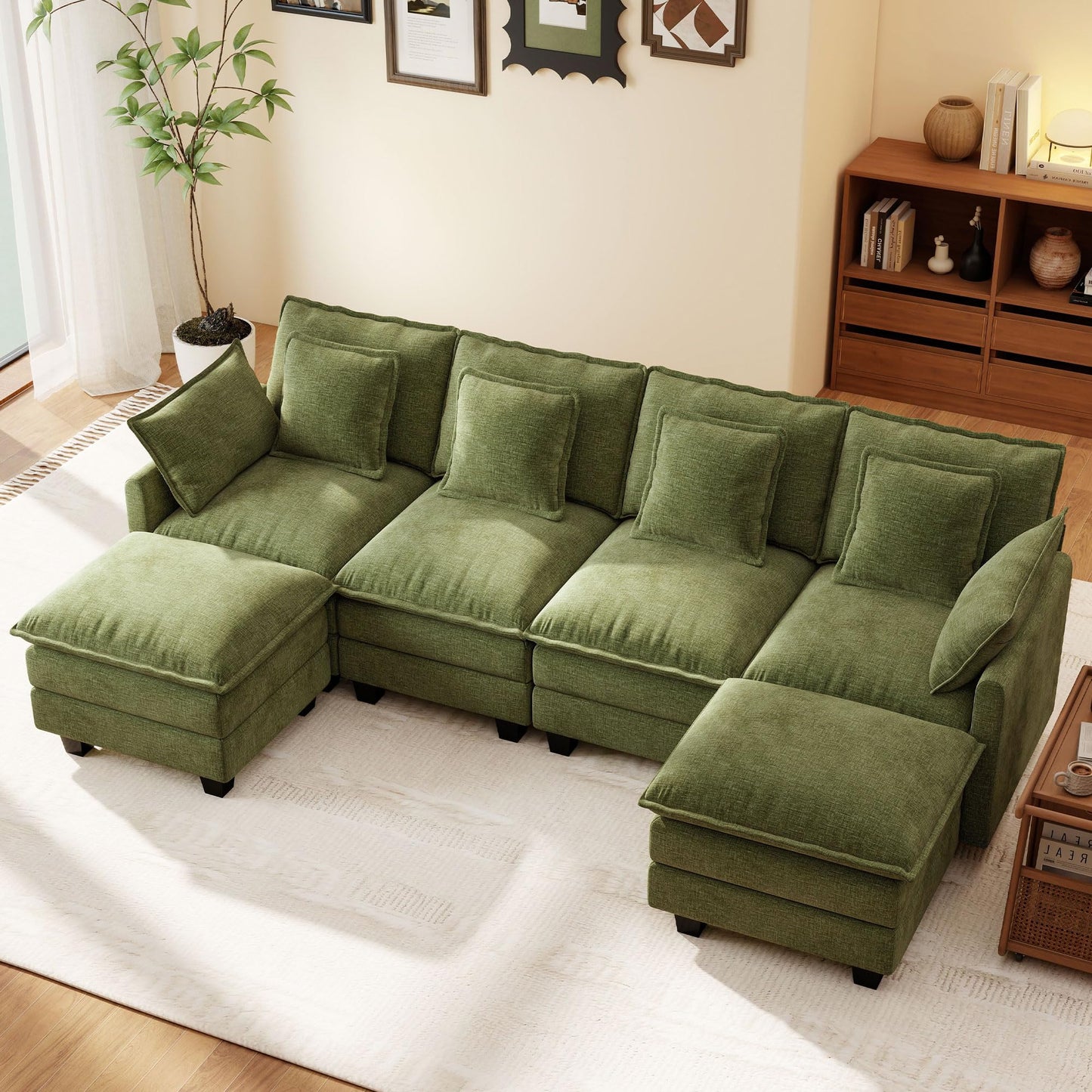 106" Green U-Shaped Modular Sectional Cloud Sofa, 6-Seat Chenille Couch with Ottoman for Living Room, Bedroom, Apartment