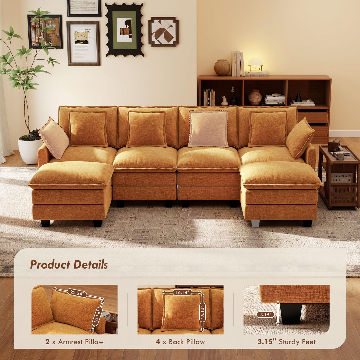 106" Orange U-Shaped Modular Sectional Cloud Sofa, 6-Seat Chenille Couch with Ottoman for Living Room, Bedroom, Apartment