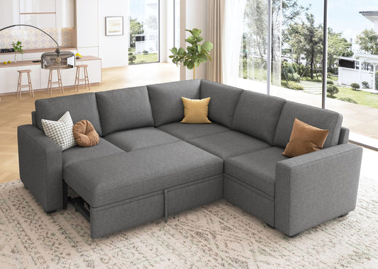 U-Shaped Sectional Sofa with Double Chaise, 4-Seat Linen Fabric Living Room Furniture Set, Dark Grey