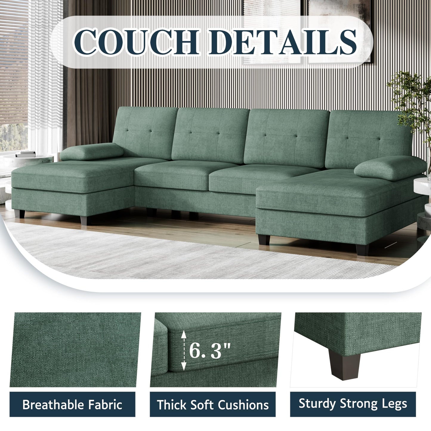 106" U Shaped Sectional Sofa with Double Chaise, Soft Fabric 4-Seat Couch for Living Room or Apartment, Green