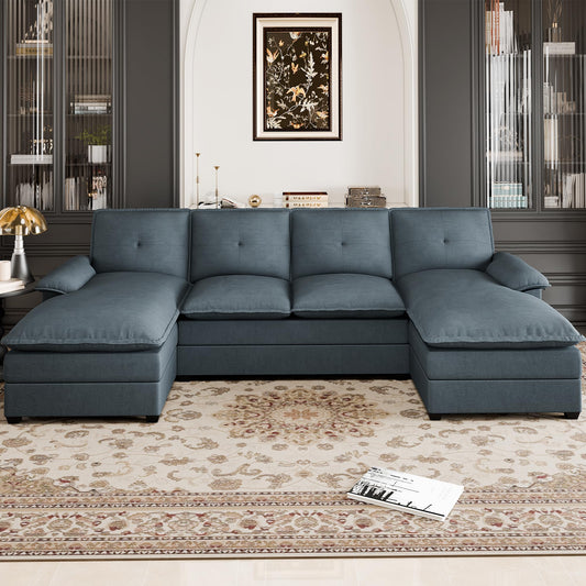 110" U-Shaped Sectional Sofa with Double Chaise, 4-Seater Deep Seat Modular Couch, Beige