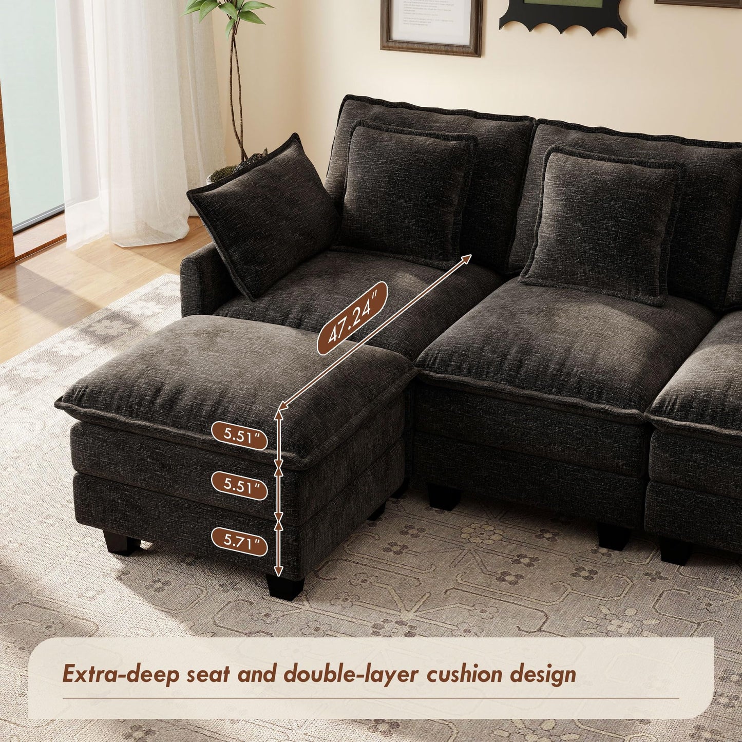 106" Black U-Shaped Modular Sectional Cloud Sofa, 6-Seat Chenille Couch with Ottoman for Living Room, Bedroom, Apartment