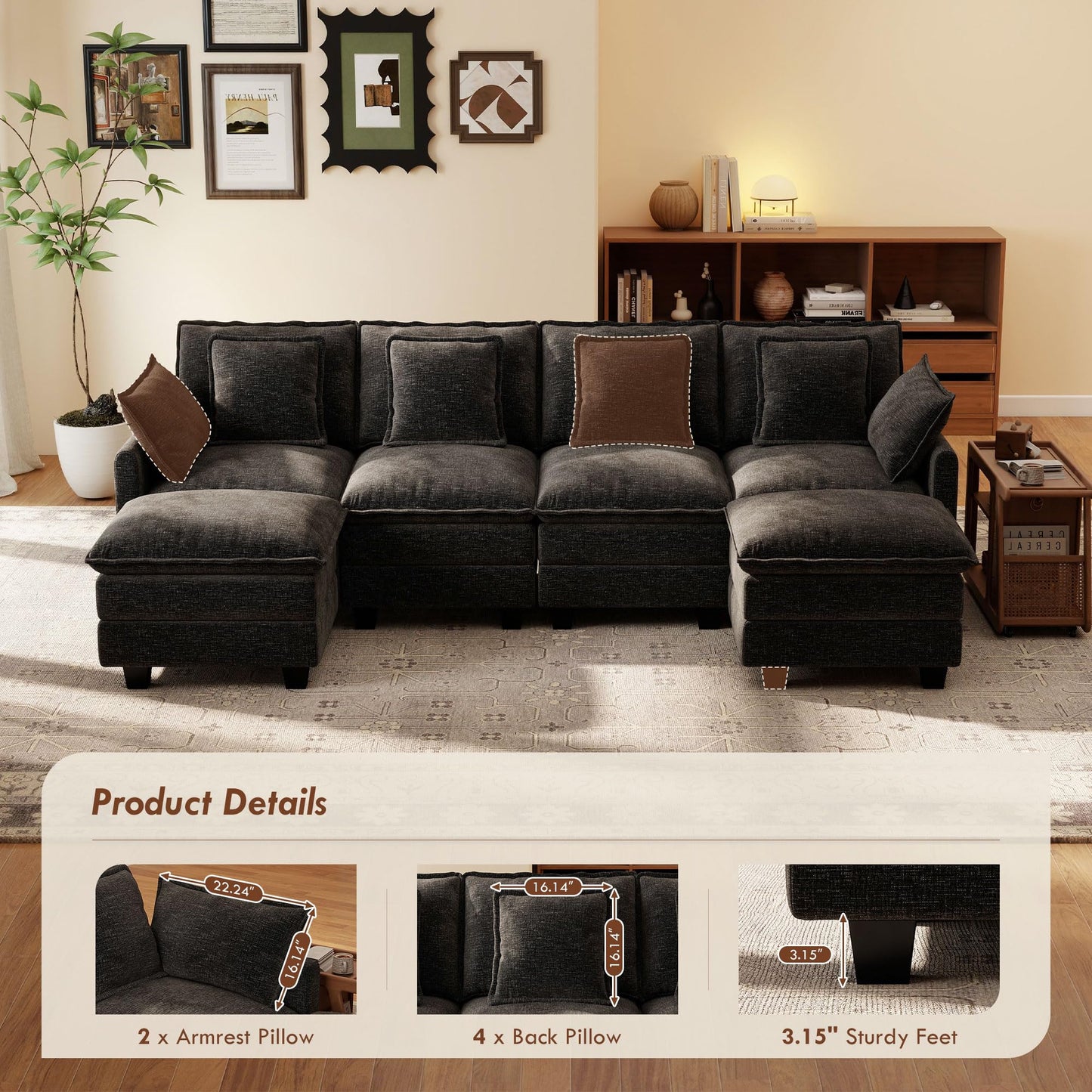 106" Black U-Shaped Modular Sectional Cloud Sofa, 6-Seat Chenille Couch with Ottoman for Living Room, Bedroom, Apartment