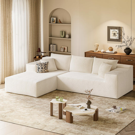 108" L-Shaped Modular Sectional Sofa, Deep Seat Cloud Couch, Corduroy Upholstered Sofa for Living Room, Beige