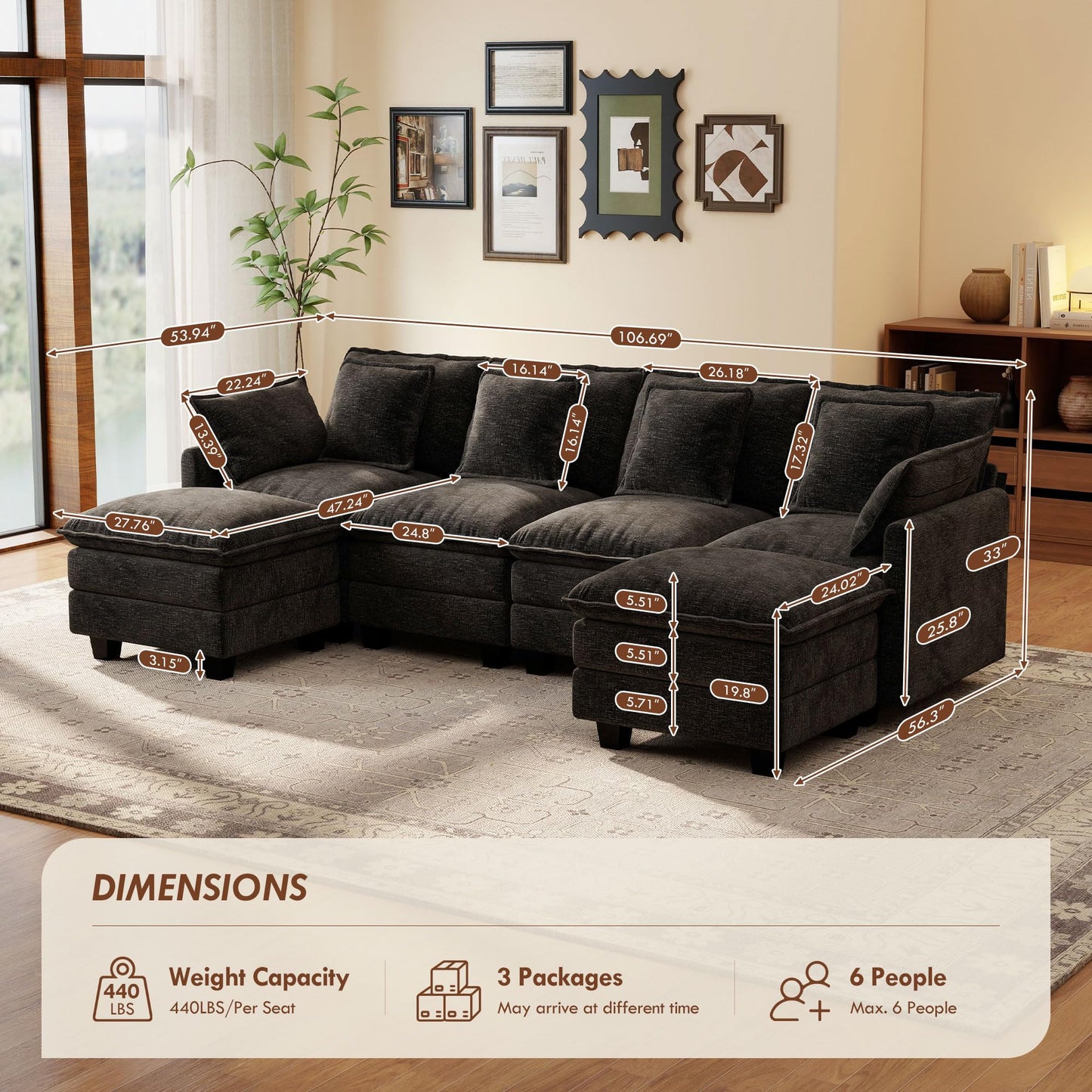 106" Black U-Shaped Modular Sectional Cloud Sofa, 6-Seat Chenille Couch with Ottoman for Living Room, Bedroom, Apartment