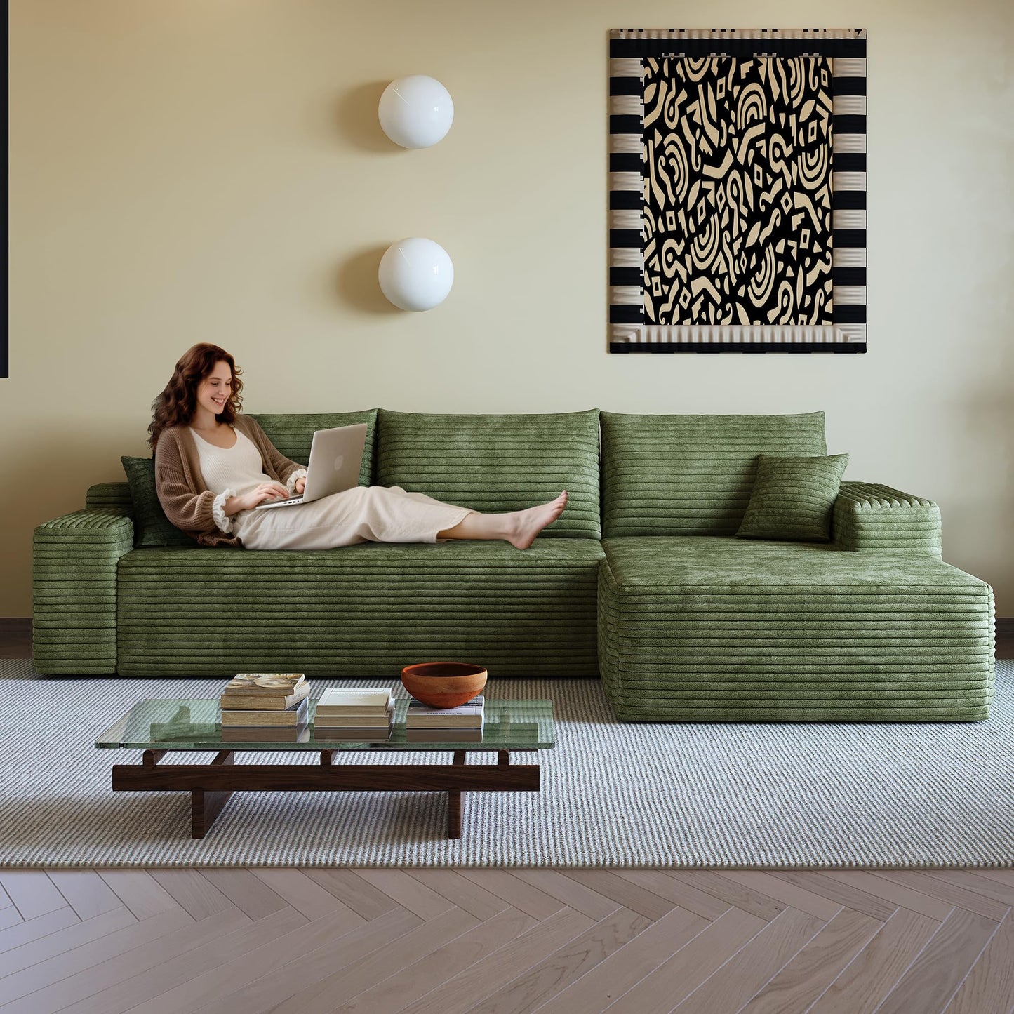 108" Green L-Shaped Modular Sectional Sofa, Boneless Deep Seat Couch with Chaise and 2-Seaters, Modern Upholstered Couch for Living Room, Right-Facing Chaise