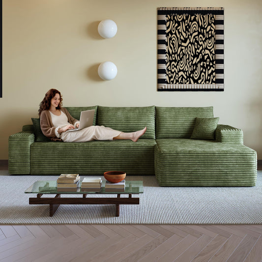 108" Green L-Shaped Modular Sectional Sofa, Boneless Deep Seat Couch with Chaise and 2-Seaters, Modern Upholstered Couch for Living Room, Right-Facing Chaise