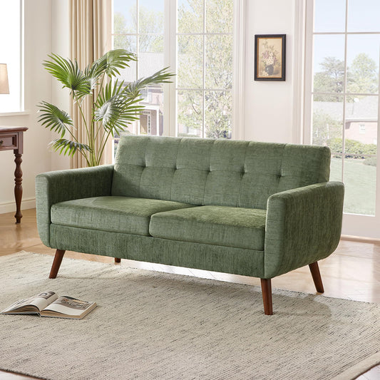 Tbfit 65" Loveseat Sofa, Mid-Century Modern Button Tufted Upholstered 2-Seater Couch for Living Room or Bedroom, Green