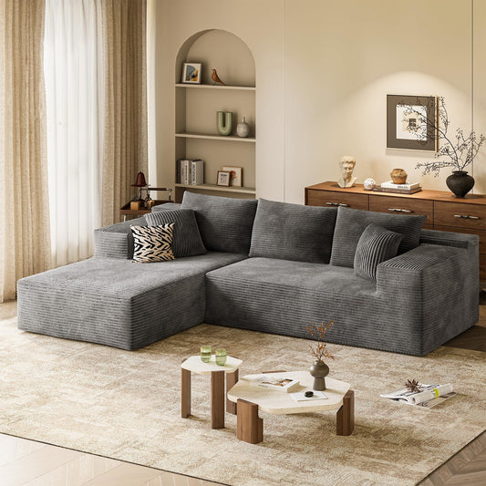 108" L-Shaped Modular Sectional Sofa, Deep Seat Cloud Couch, Corduroy Upholstered Sofa for Living Room, Gray
