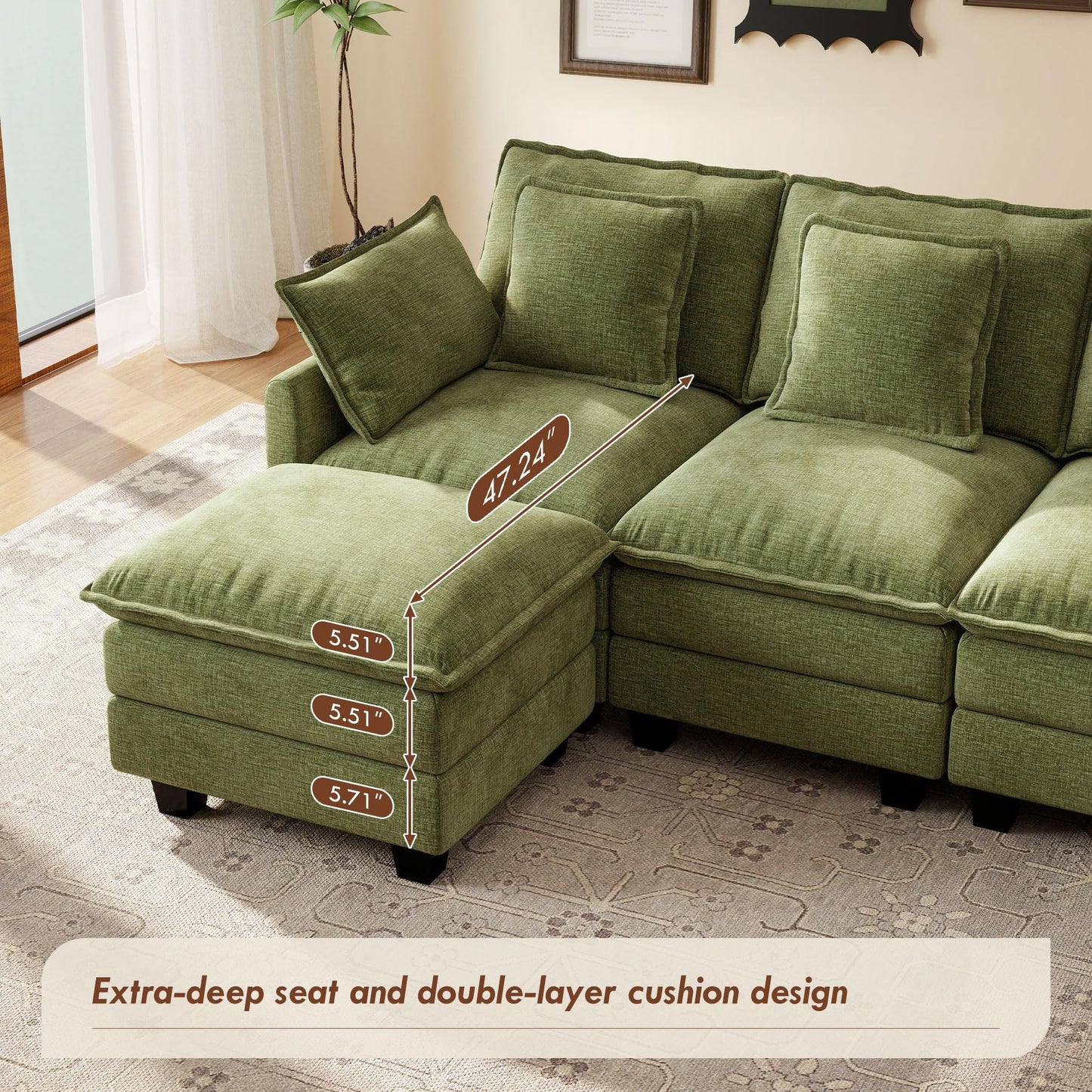 106" Green U-Shaped Modular Sectional Cloud Sofa, 6-Seat Chenille Couch with Ottoman for Living Room, Bedroom, Apartment