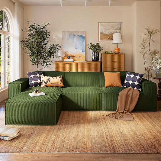 111" L-Shaped Modular Sectional Sofa with Deep Seat, Plush Corduroy Fabric, Freely Combinable, No Assembly, Green