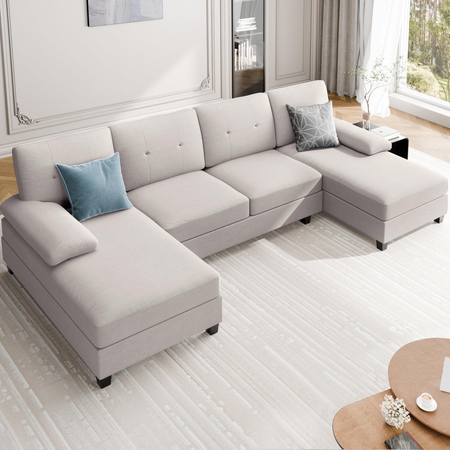 106" U Shaped Sectional Sofa with Double Chaises, 4-Seat Couch with Oversized Seats for Living Room, White