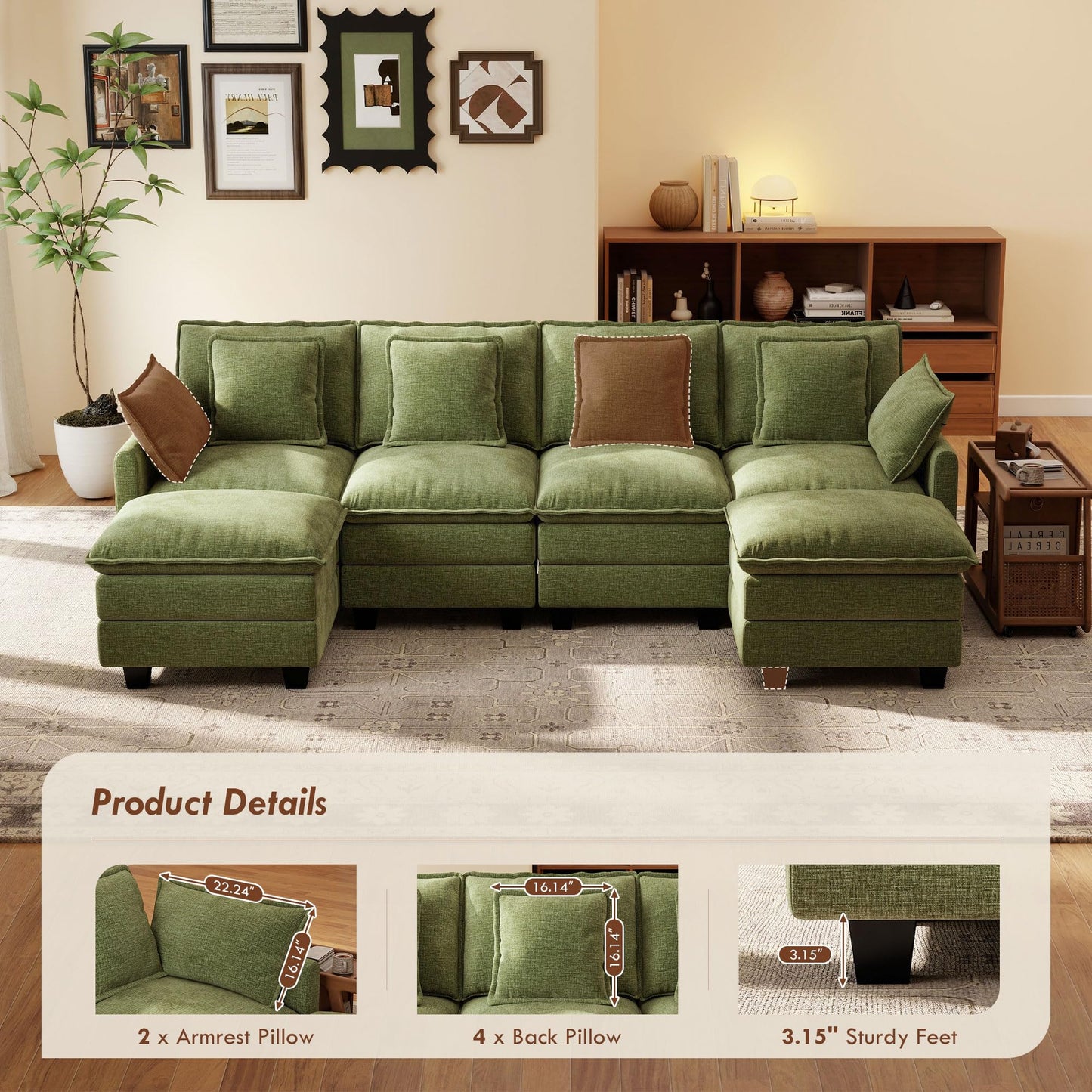 106" Green U-Shaped Modular Sectional Cloud Sofa, 6-Seat Chenille Couch with Ottoman for Living Room, Bedroom, Apartment