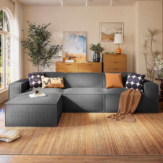 111" L-Shaped Modular Sectional Sofa with Deep Seat, Plush Corduroy Fabric, Freely Combinable, No Assembly, Grey